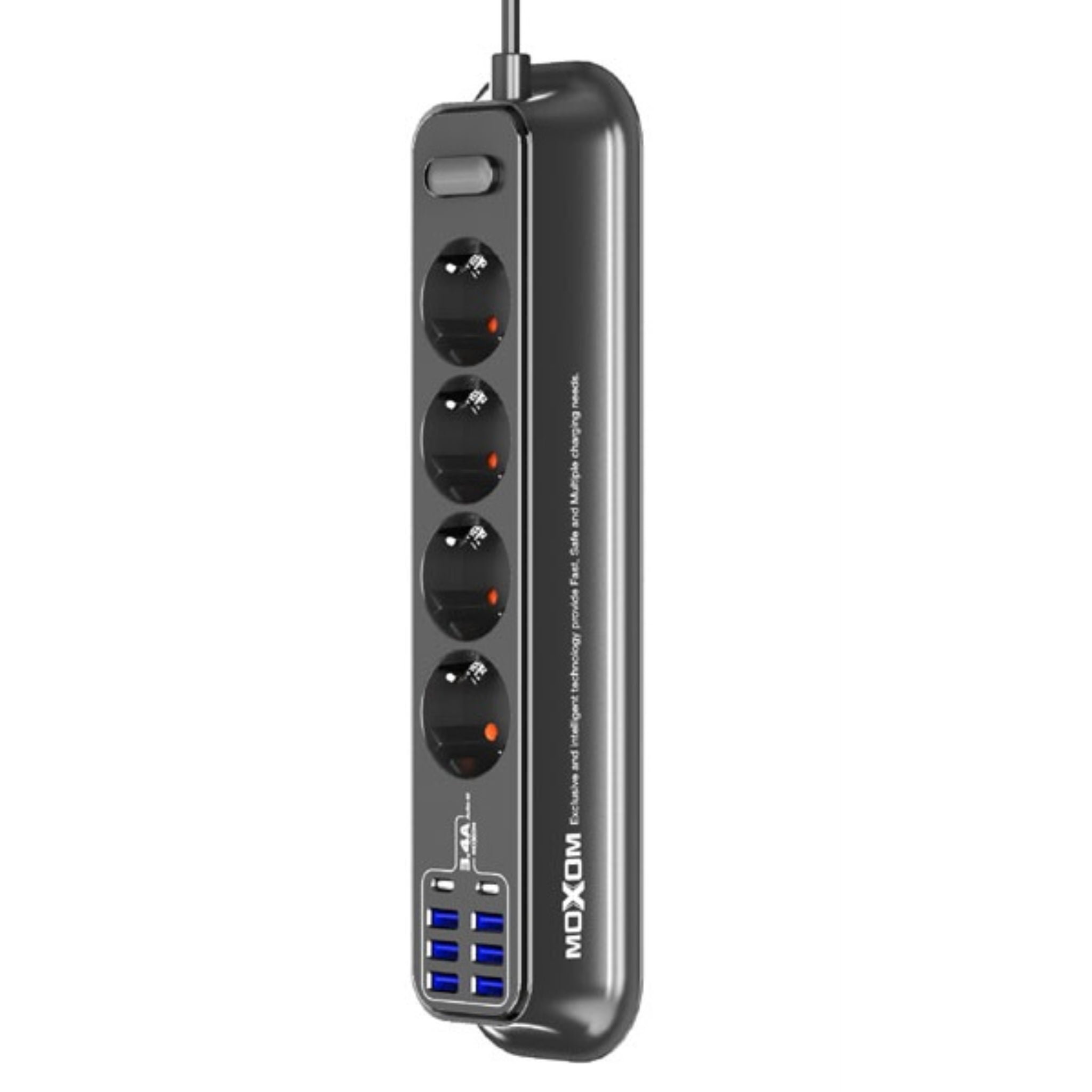 Moxom MX-ST05 Safety power strip with 4 Sockets & 8 USB Ports(6x USB, 2x USB Type-C) (Black)